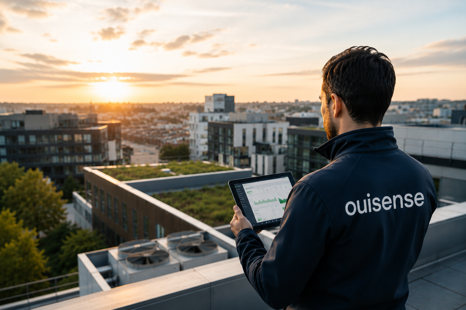 Technicien OuiSense sur un toit, tablette en main, face à la ville au coucher du soleil