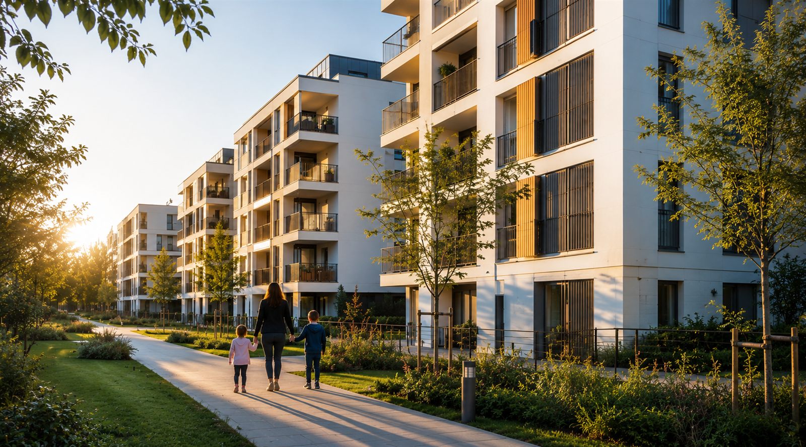 Famille se promenant dans une résidence de logement social arborée